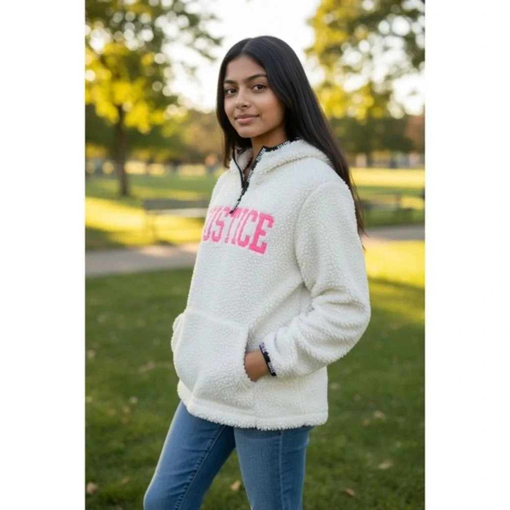 Justice Girls White Sherpa Hoodie w/Black Justice Trim sz 14/16 Kangaroo Pocket